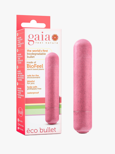 A pink Gaia Eco Bullet vibrator and box on a light gray background